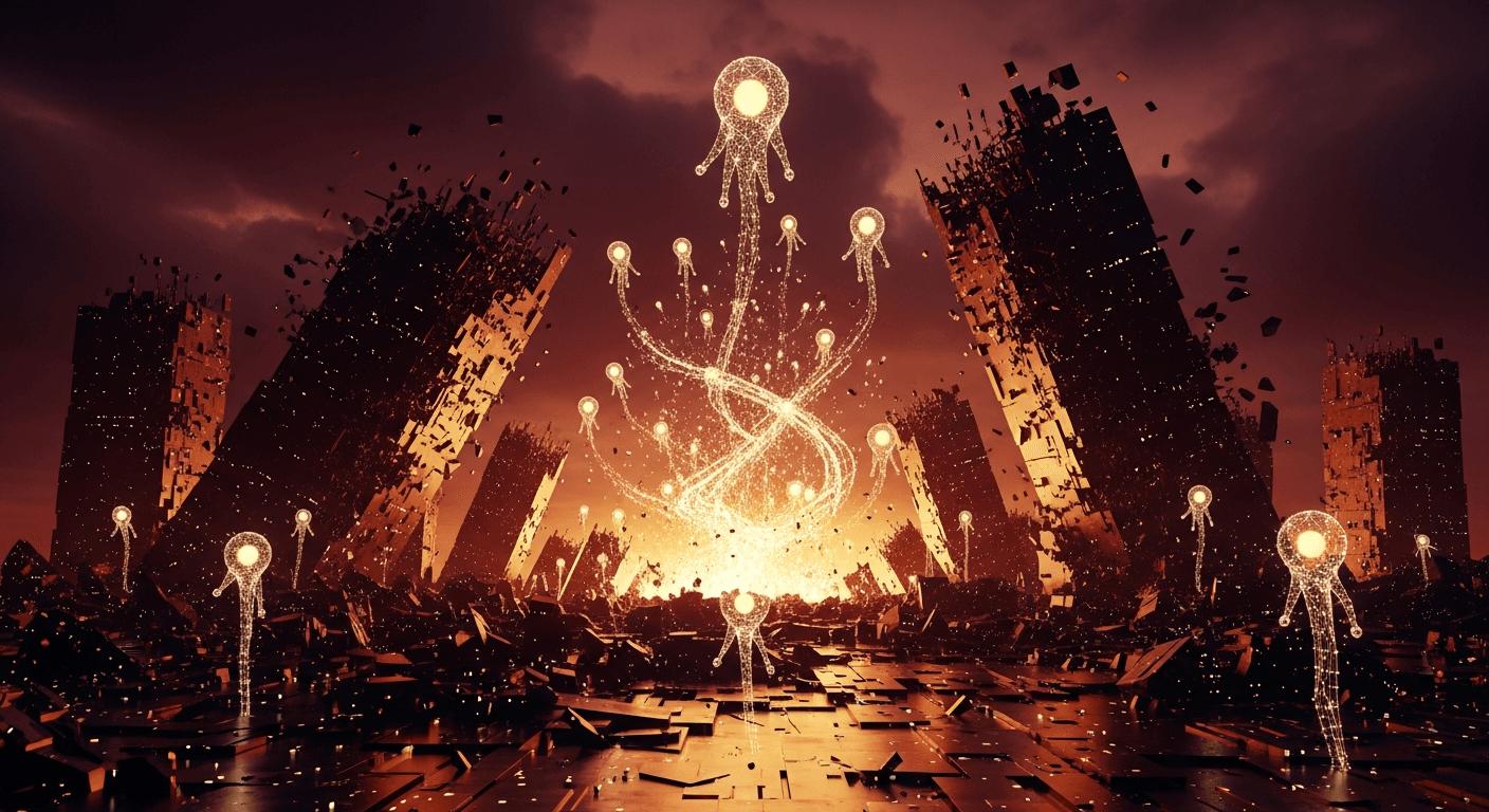 Abstract visualization of PR tech industry disruption with AI agents emerging