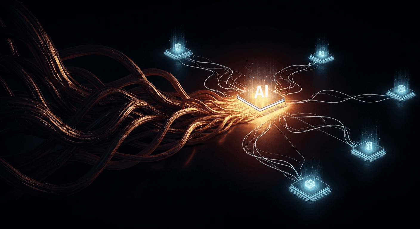 Midcentury modern illustration of data flowing from AI chatbots into analytics dashboard