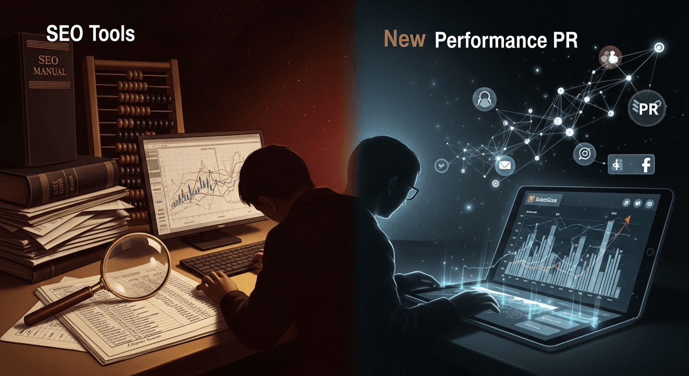 Midcentury modern illustration showing interconnected platforms and diverging paths representing choice between SEO alternatives