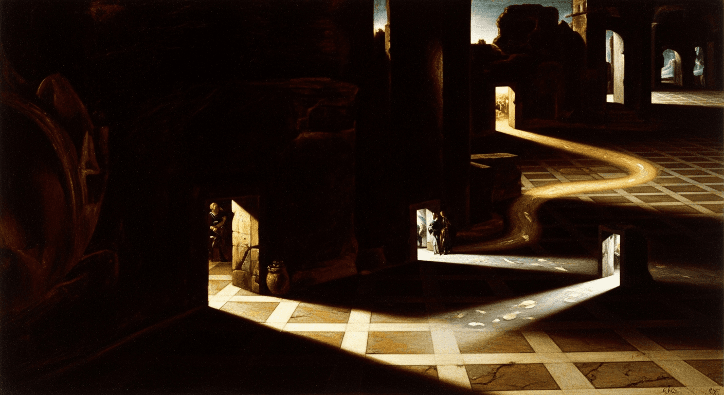 Midcentury modern illustration showing SEO platform comparison with geometric shapes in mustard, teal, and coral