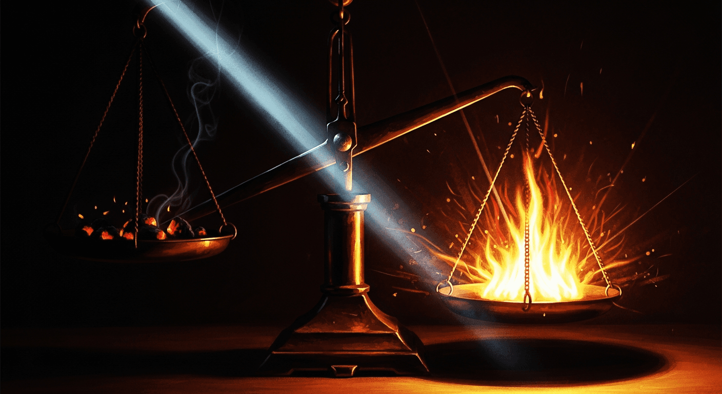 Dramatic chiaroscuro balance scale in shadow, one side with dim embers, the other radiating intense golden flames