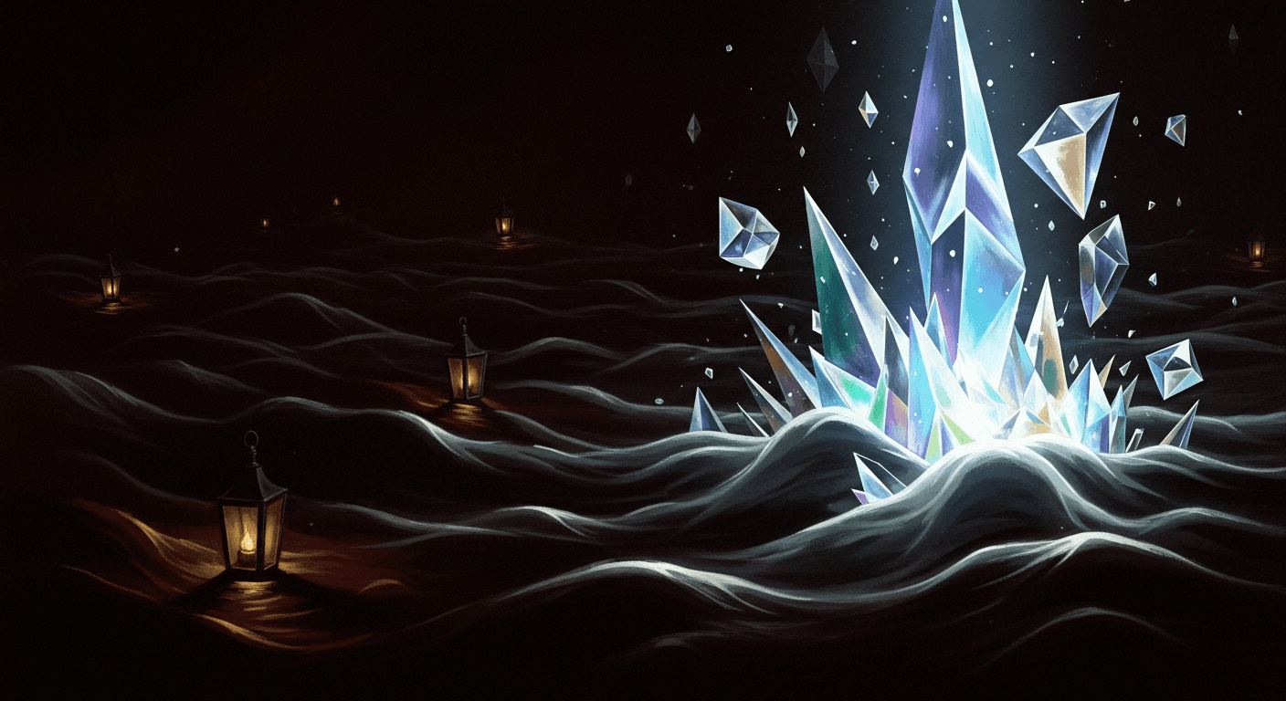 Dramatic chiaroscuro showing tide of shadow with fading lanterns overwhelmed by rising luminous crystalline light forms