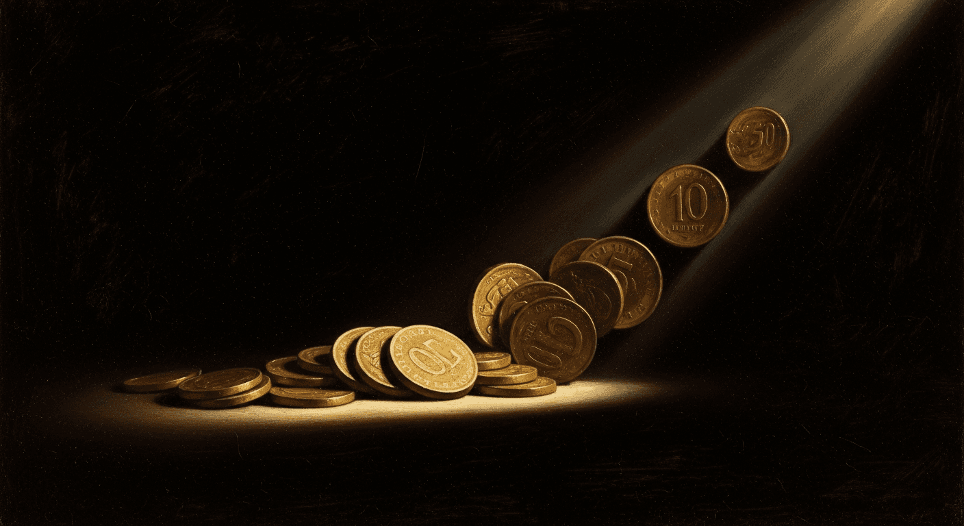 Dramatic chiaroscuro image of gold coins emerging from shadow, representing the true value of PR ROI measurement