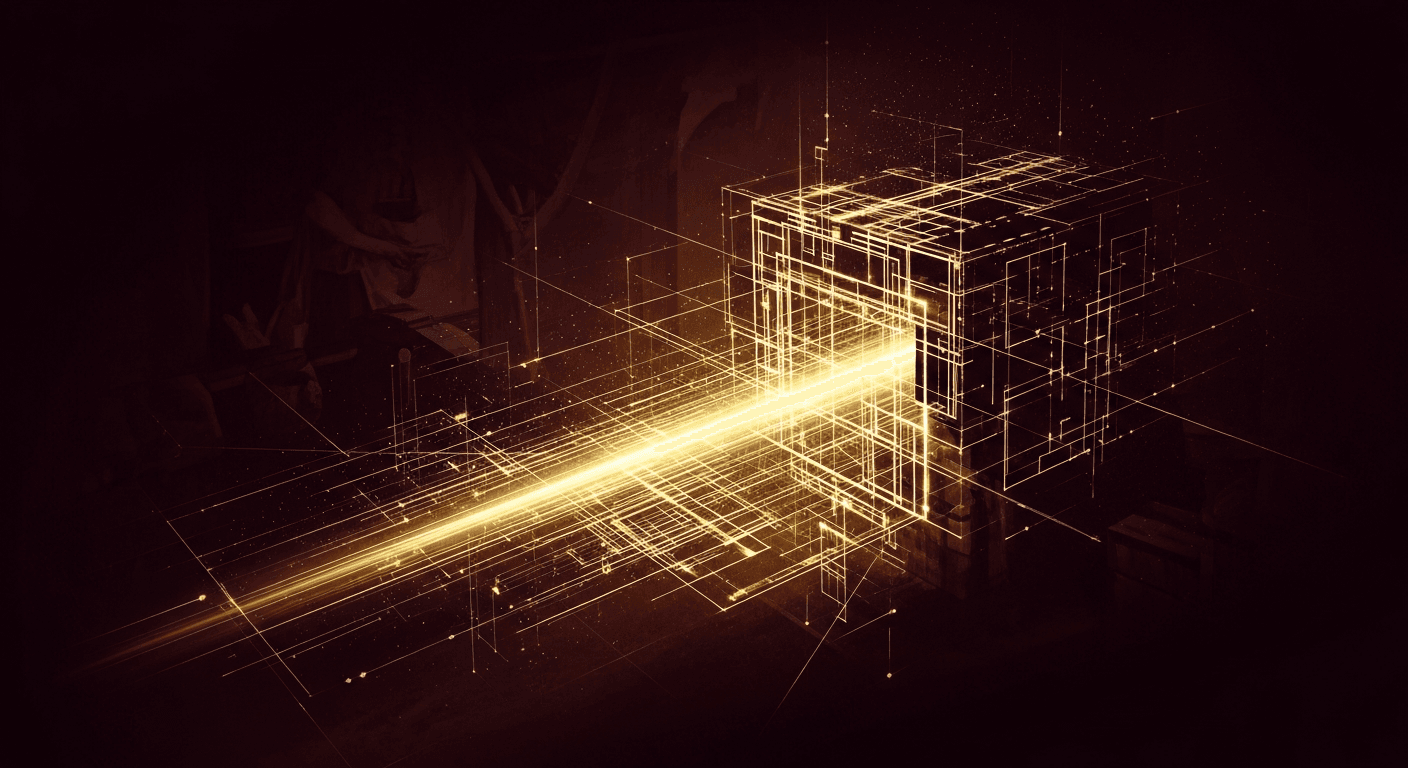 Abstract architectural blueprint dissolving into streams of golden light data, structured forms emerging from darkness