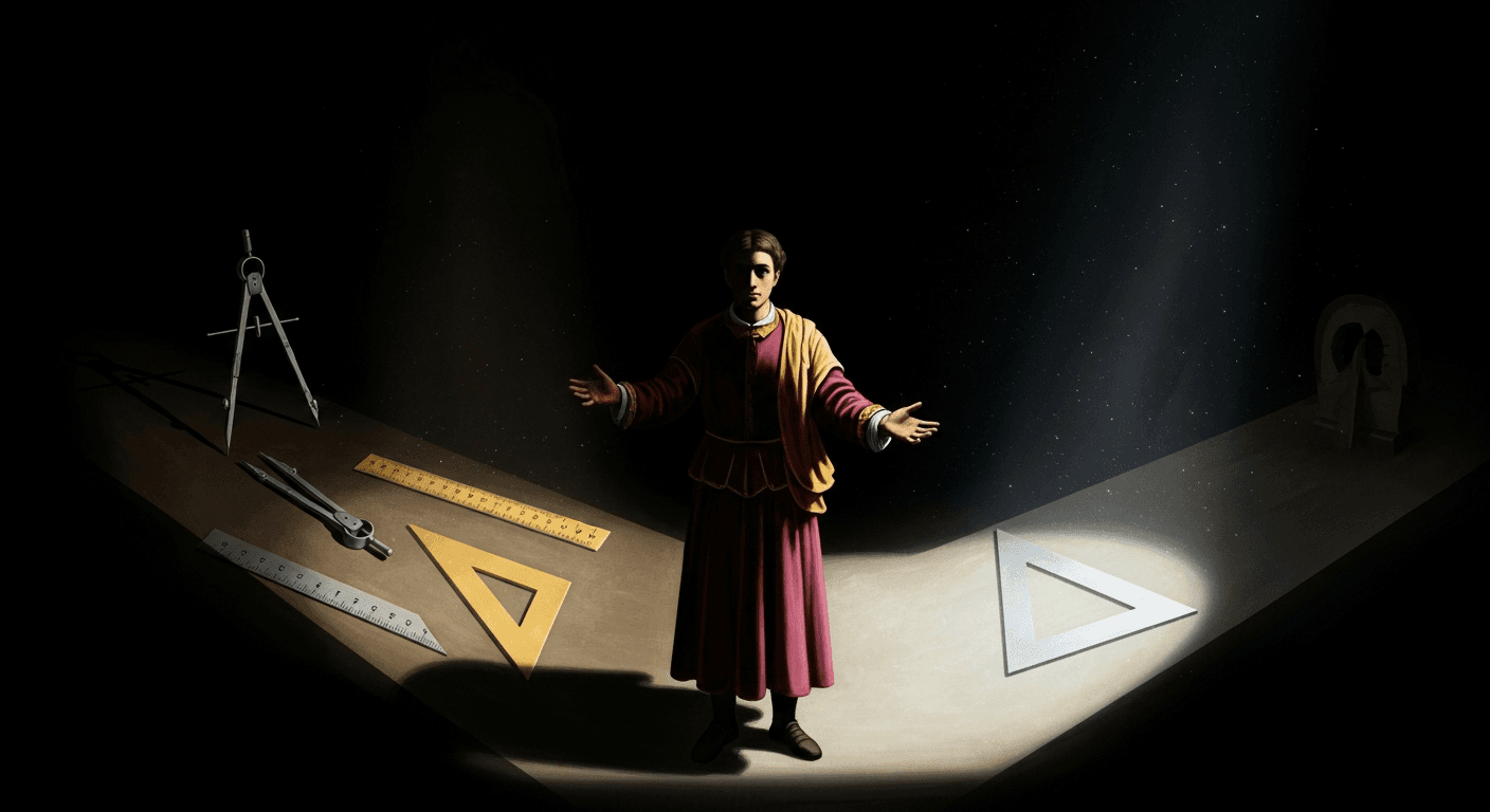 Dramatic Caravaggio-style illustration showing a figure at a crossroads between traditional measuring tools in shadow and an illuminated path