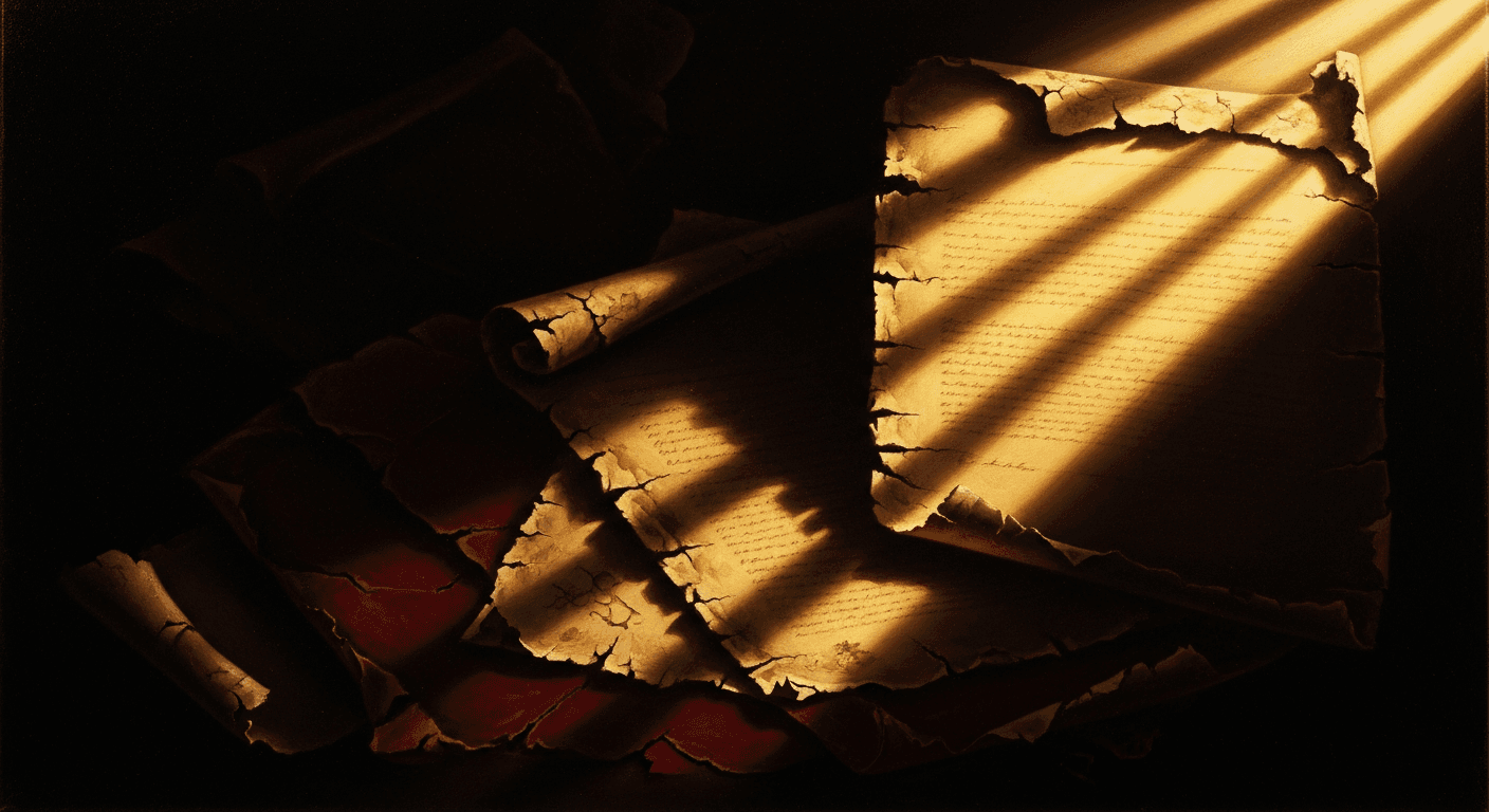 Dramatic chiaroscuro painting showing ancient crumbling parchment in shadow with golden light breaking through, baroque style contrast between old and new