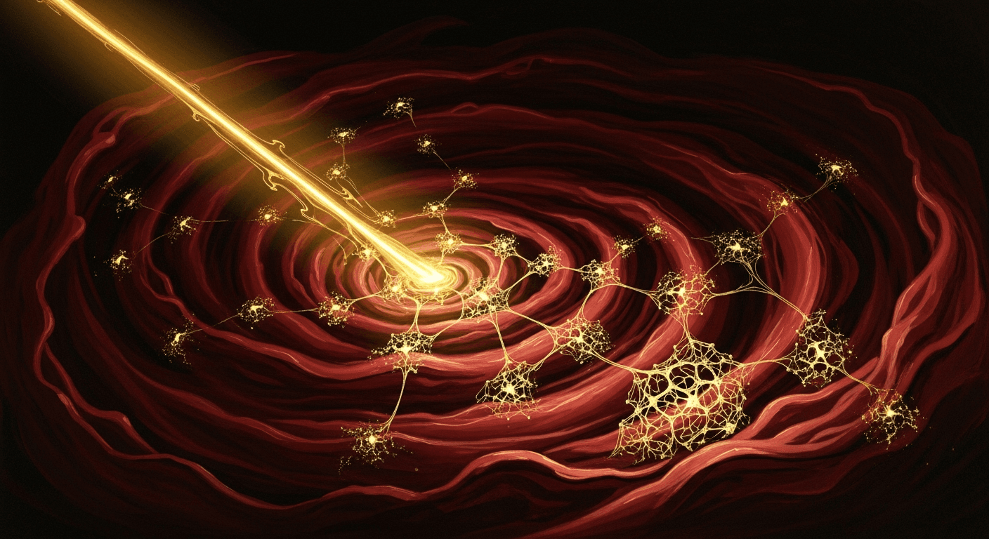 Abstract visualization of structured knowledge being organized and transmitted with dramatic Caravaggio lighting