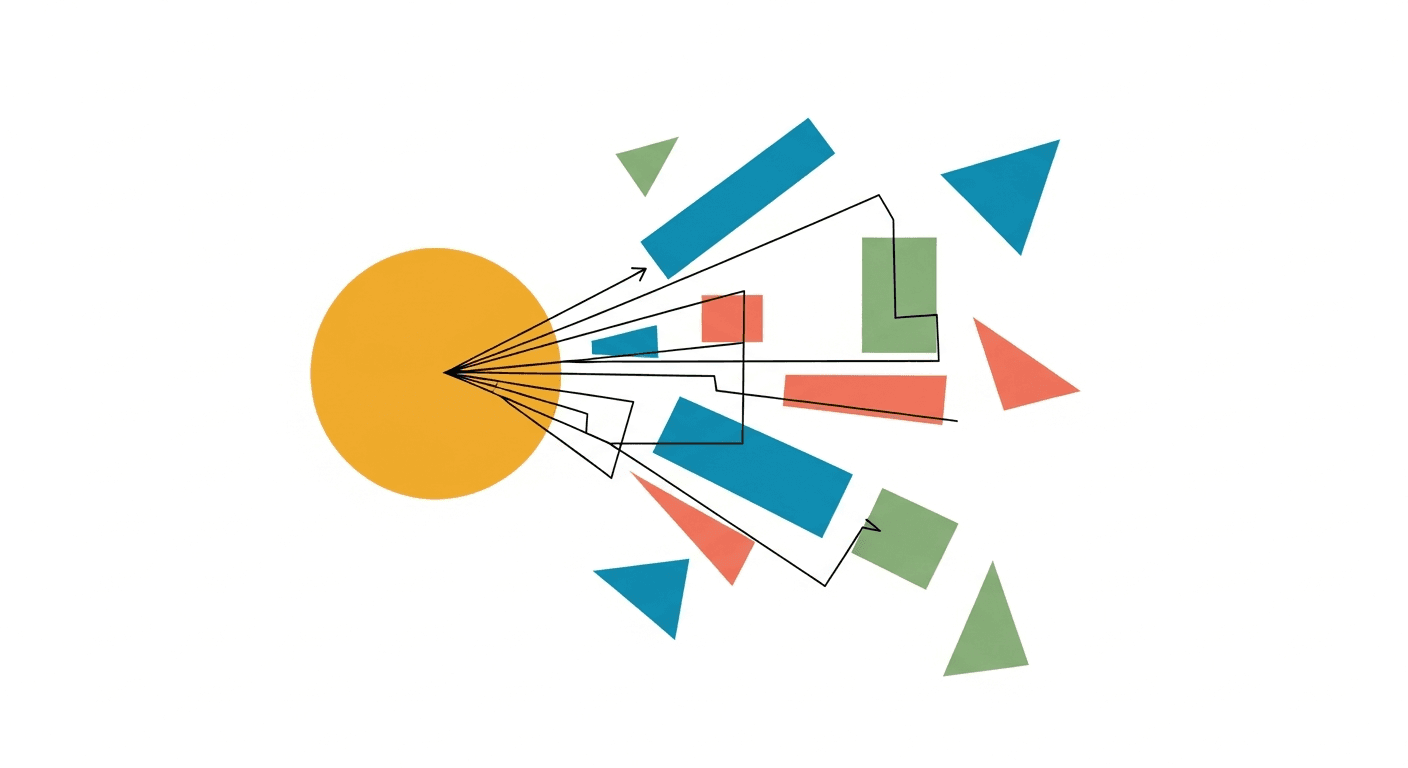 Midcentury modern illustration of strategic media optimization with bold geometric shapes in mustard yellow, teal, and coral
