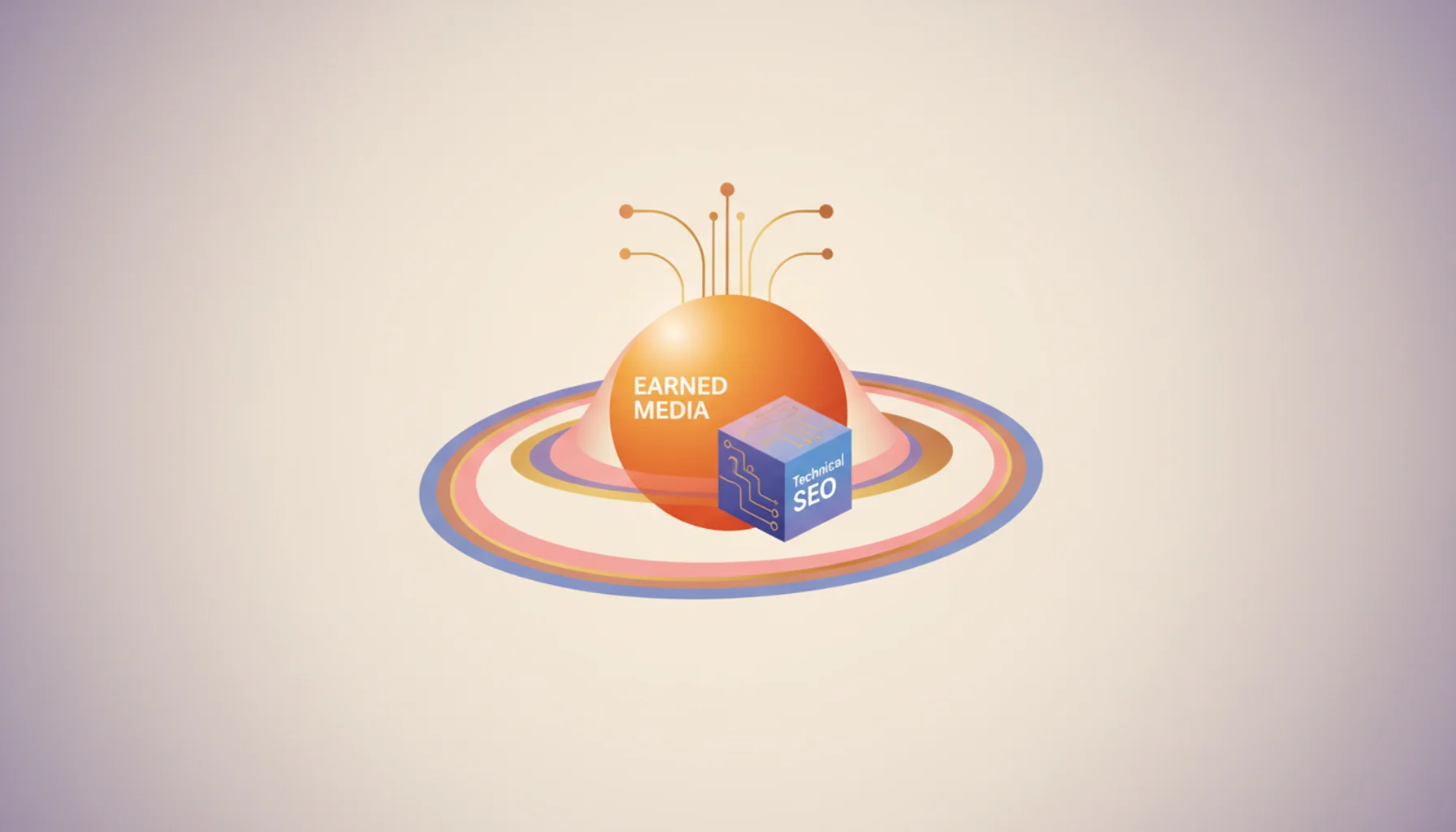 visualization of AI search citations showing earned media optimization and technical SEO concepts with modern geometric design